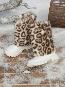 1 Pair Autumn/Winter New Random Leopard Print Decor Casual Fashion Round Toe Mid-Calf Back Zipper Design Girls' Boots - White - View 5
