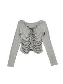Korean Style Niche Exquisite 3D Ruffle Trim Long Sleeve T-Shirt Women's Inner Layer Top - Grey - View 10