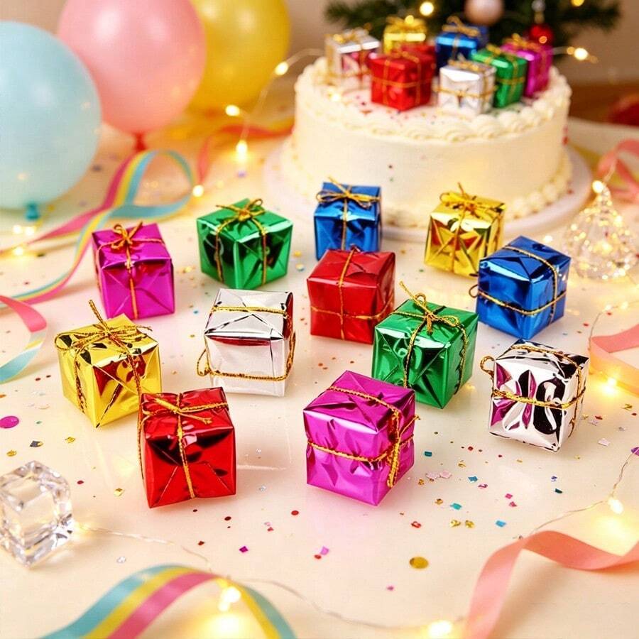 10pcs Christmas Shiny Mini Decorative Boxes, Mixed Color Metallic Foil Wrapped, Christmas Tree Hanging Ornament Boxes - Multicolor - View 1