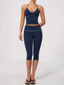 NcmRyu Women's One Set Contrast Color White Line Spaghetti Strap V-Neck Y-Back Tank Top And Hip-Lifting Mid-Length Shorts Sports Set - Blue - View 5