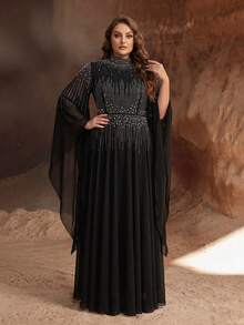 YISIKADO Plus Size Women's Flowy Chiffon Evening Gown, Rhinestone Embellished, High Neck Bell Sleeve Maxi Dress, Suitable For Prom, Wedding Guest - Black - View 5