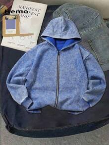 Hemo Men's Autumn/Winter Streetwear Pattern Hooded Sweatshirt, Slightly Elastic Washed Distressed Cotton Black Long Sleeve Zip-Up Hoodie, Outdoor Casual Wear, Emo Style, 2000s Style - Royal Blue - View 3