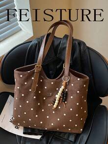 Large Capacity Polka Dot Print Shoulder Bag, Fashion Tote Bag With Pendant, Suitable For Daily Outings, Dates, Commuting - Coffee - View 6