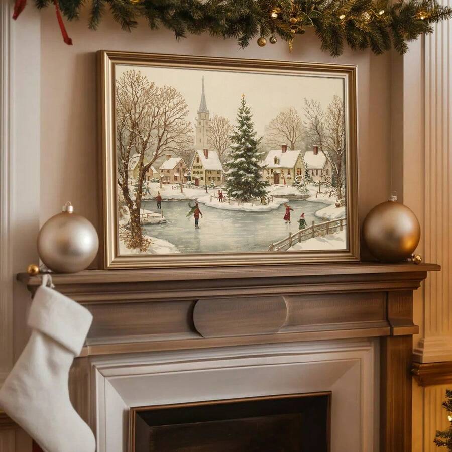 1pc Framed/Unframed Snowy Town Square Christmas Tree Canvas Poster Winter Wonderland Ice Skating Wall Art Print Xmas Festival Nordic Decor Rustic Painting For Apartment,Living Room,Bedroom,Modern Home Decoration - A - View 1
