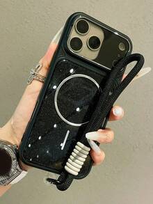 Luxury Glitter Camera Protection Bracket Magnetic Phone Case Compatible With IPhone 17 Pro Max 17 Pro 17 16 Pro Max 16 Pro 16 15 Pro Max 15 Pro Max 15 Pro 15 14 Pro Max 14 Pro 14 13 Pro Max 13 Pro 13 Wireless Charging Anti Drop Lens Protective Back Cover ﻿Bring A Short Rope - Black - View 3