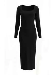 Women's Elegant Black Slim Fit Long Dress - Black - View 9