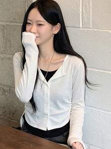 YCYC 韓系休閒百搭修身女款假兩件式鈕扣針織開襟衫 - 白色 - 查看 1