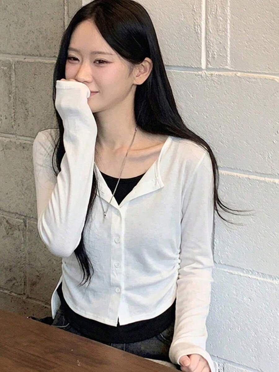 YCYC 韓系休閒百搭修身女款假兩件式鈕扣針織開襟衫 - 白色 - 查看 1