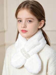 Faux Rabbit Fur Pearl Cross Plush Scarf Neck Warmer - Warm Girls Neck Warmer Pearl Cross Plush Scarf Girls Faux Fur Neck Warmer Autumn/Winter Thickened Warm Versatile Faux Rabbit Fur Scarf - Multicolor - View 2