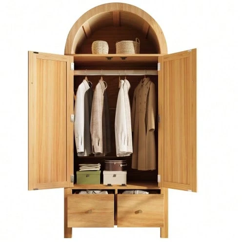 Wardrobe 181x78x45 Cm With Rattan Weave, Country Style In Oak Finish, Open Semi-Circular Shelf, 2 Doors With Magnetic Closure, 2 Drawers, Clothes Rail And Tip-Over Protection - 駝色 - 查看 1