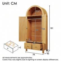 Wardrobe 181x78x45 Cm With Rattan Weave, Country Style In Oak Finish, Open Semi-Circular Shelf, 2 Doors With Magnetic Closure, 2 Drawers, Clothes Rail And Tip-Over Protection - 駝色 - 查看 2
