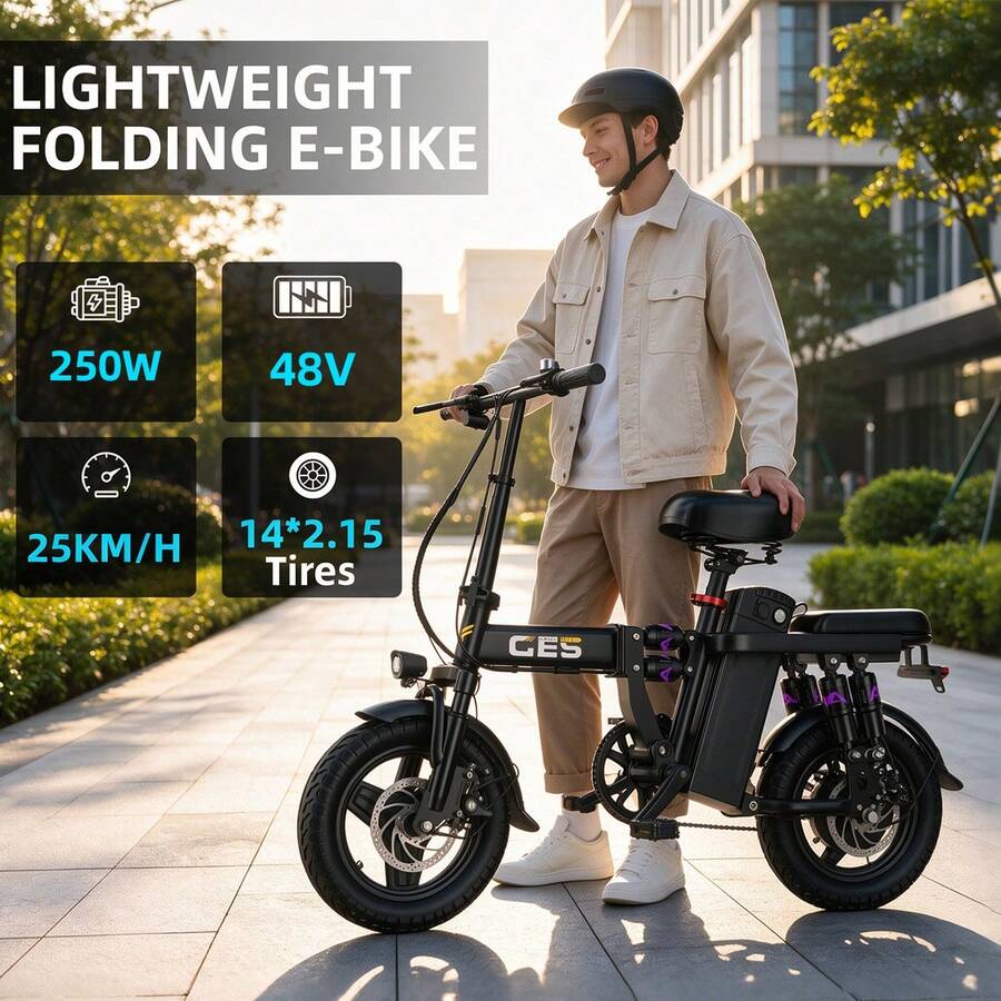 250W Dual Shock Absorption Folding Electric Bike, 25KM/H Adult Comfort E-Bike With Rear Dual Suspension, 14" Anti-Slip Tires, Dual Disc Brakes, Removable Battery For Bumpy Roads, City Commuting, Smooth Riding On Rough Urban Paths - Black - View 1