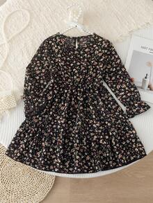 BASUSARRI Young Girls Floral Country Style Sweet Simple Cute Long Sleeve Dress Autumn/Winter - Black - View 3