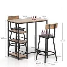 Bar Table With Bar Stools Set, 3-Piece Bar Table Set With Kitchen Table, 3 Shelves, 2 Bar Stools, Modern Style, Dining Set For Dining Room, Kitchen, Steel, Oak - Camel - View 3