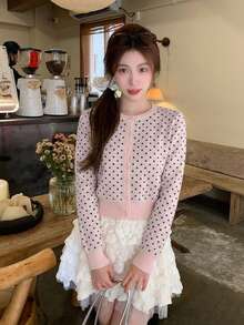 Autumn New Sweet Slimming Polka Dot Print Knit Cardigan Versatile Top For Women - Pink - View 2