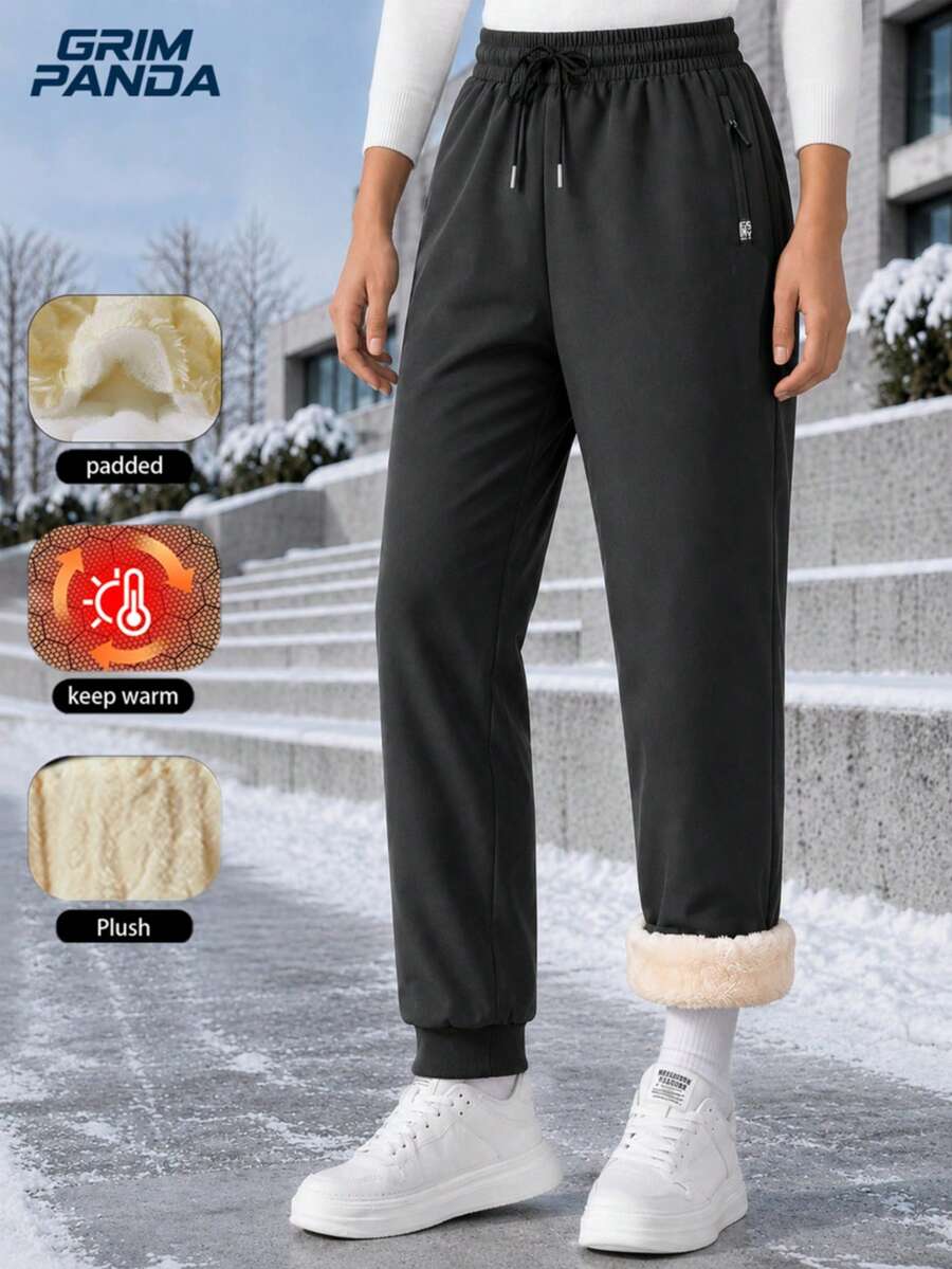 GRIM PANDA Winter Men's Thermal Lined Thick Long Pants, 1pc, With Zipper Pockets Outdoor Sports Cold-Proof Warm Pants, Suitable For Daily Casual, Hiking - Black - View 1