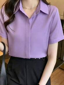 絲綢短袖設計襯衫，輕盈成熟港風緞面女式上衣，夏季款 - 淡紫色 - 查看 4