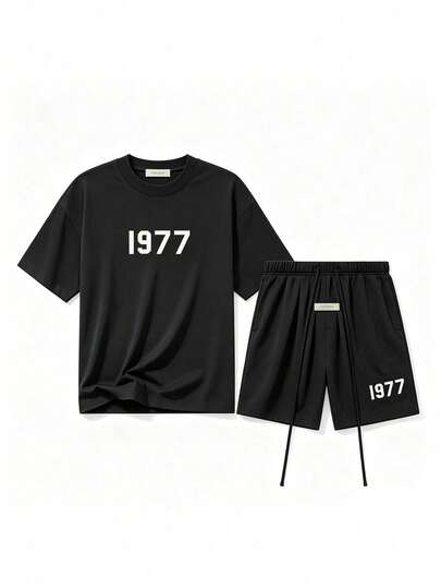 Essentials エッセンシャルズ 1977 グラフィックマッチングセット、ダークオートミール半袖Tシャツ＆ドローストリングショーツ、ユニセックスミニマリスト快適ストリートウェアデイリーアウトフィット
