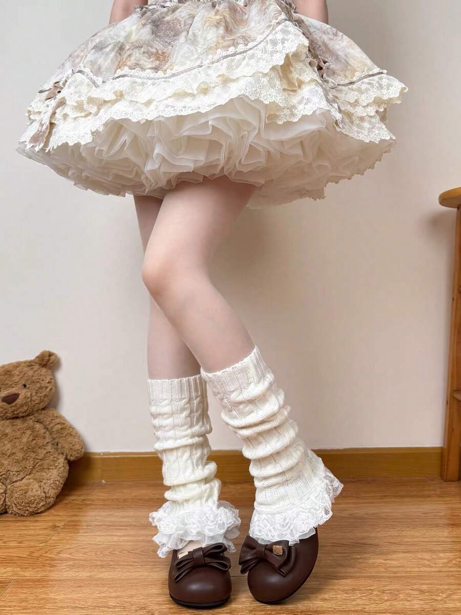 Penghangat Kaki Rajut Kabel Berenda Pita Gaya Lolita Putih untuk Wanita - Putih - View 1