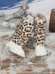 1 Pair Autumn/Winter New Random Leopard Print Decor Casual Fashion Round Toe Mid-Calf Back Zipper Design Girls' Boots - White - View 6