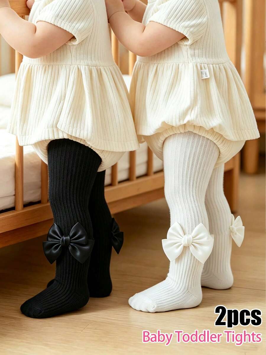 2件組女嬰針織褲襪,可愛緞面蝴蝶結裝飾,純色嬰兒褲襪,柔軟彈性兒童內搭褲 - 彩色 - 查看 1