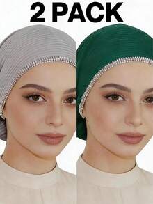 2pcs Women's Fashionable Elastic Exquisite Chain Rhinestone Craft Shiny Bohemian Polyester (Polyester) Knitted Ribbed Fabric All-Season Underscarf - 3-row Rhinestone Chain Headscarf Multi-color - View 14