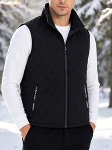 1pc Men's Spring/Autumn Stand Collar Diamond Quilted Vest, Sleeveless Waistcoat, Solid Color Outdoor Commute Daily Wear Jacket - Black - View 1
