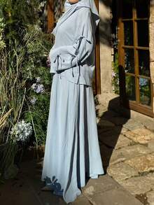 Two Pieces Summer Outfit: Textured Crepe Top With Bow Design & Extra Flared Midi Skirt With Pockets - Baby Blue - View 4