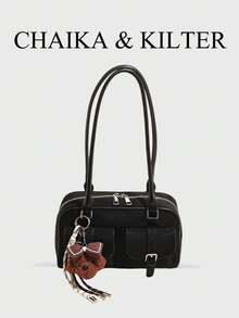 CHAIKA & KILTER 1件裝 素色麂皮布料女款時尚單肩包 多口袋大容量波士頓保齡球包 拉鍊開合 適合日常與外出使用（附吊飾） - 黑色 - 查看 2