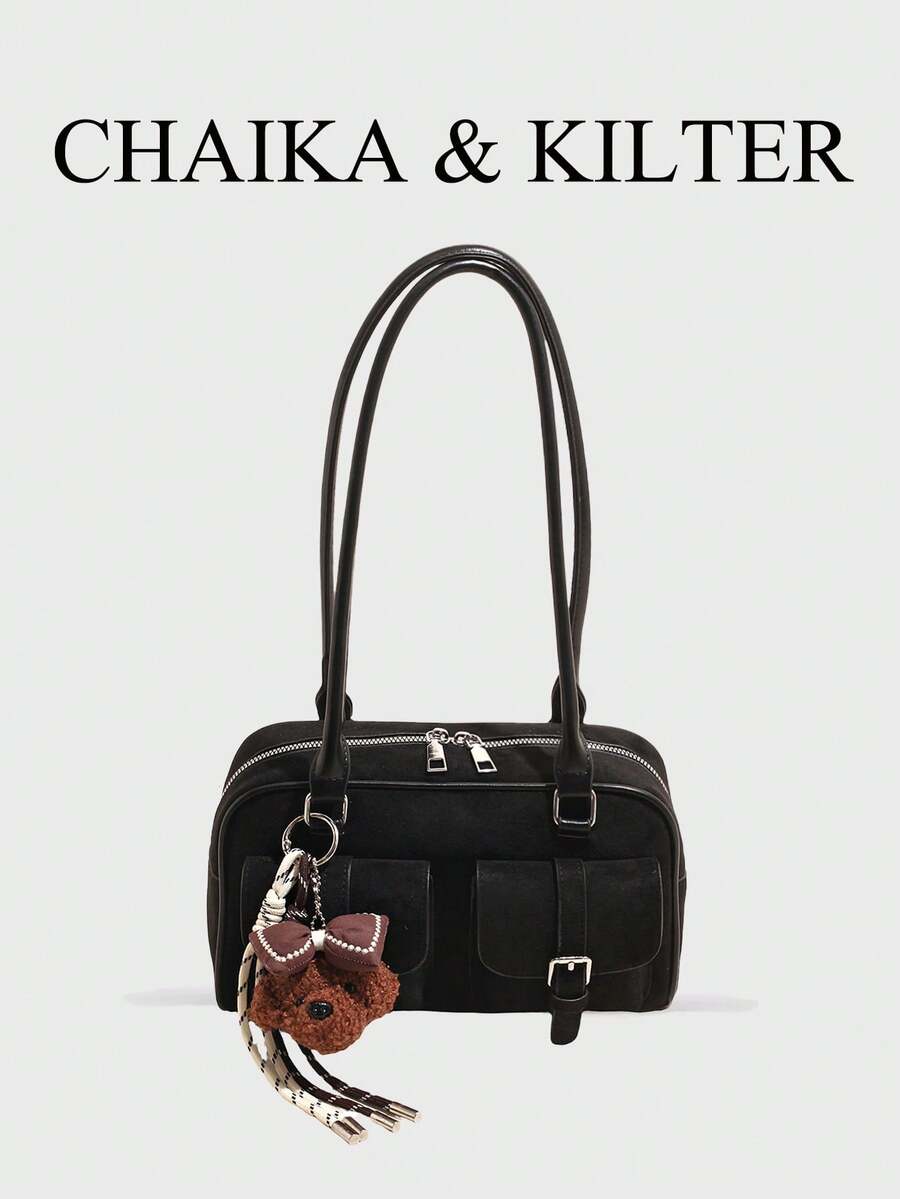 CHAIKA & KILTER 1件裝 素色麂皮布料女款時尚單肩包 多口袋大容量波士頓保齡球包 拉鍊開合 適合日常與外出使用（附吊飾）