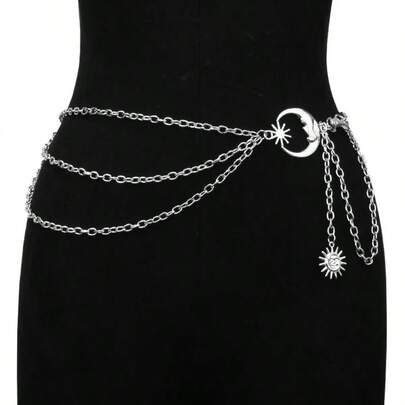 1pc Fashion Accessory Moon Multi-Layer Metal Chain Waist Belt Hip Hop Punk Sun & Crescent Body Chain