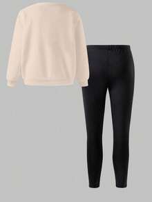 Young Girl Bow Print Crew Neck Long Sleeve Top And Leggings - Apricot - View 2