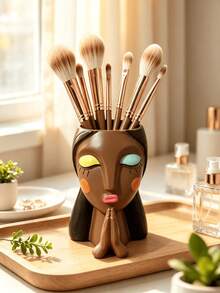 1pc Bohemian Abstract Praying Woman Face Makeup Brush Holder, Resin Makeup Brush Storage Cup, Multi-Functional Pen Holder, Vanity Bathroom Desktop Decor Storage Can, Unique Artistic Home Decor Women Gift - Multicolor - View 4