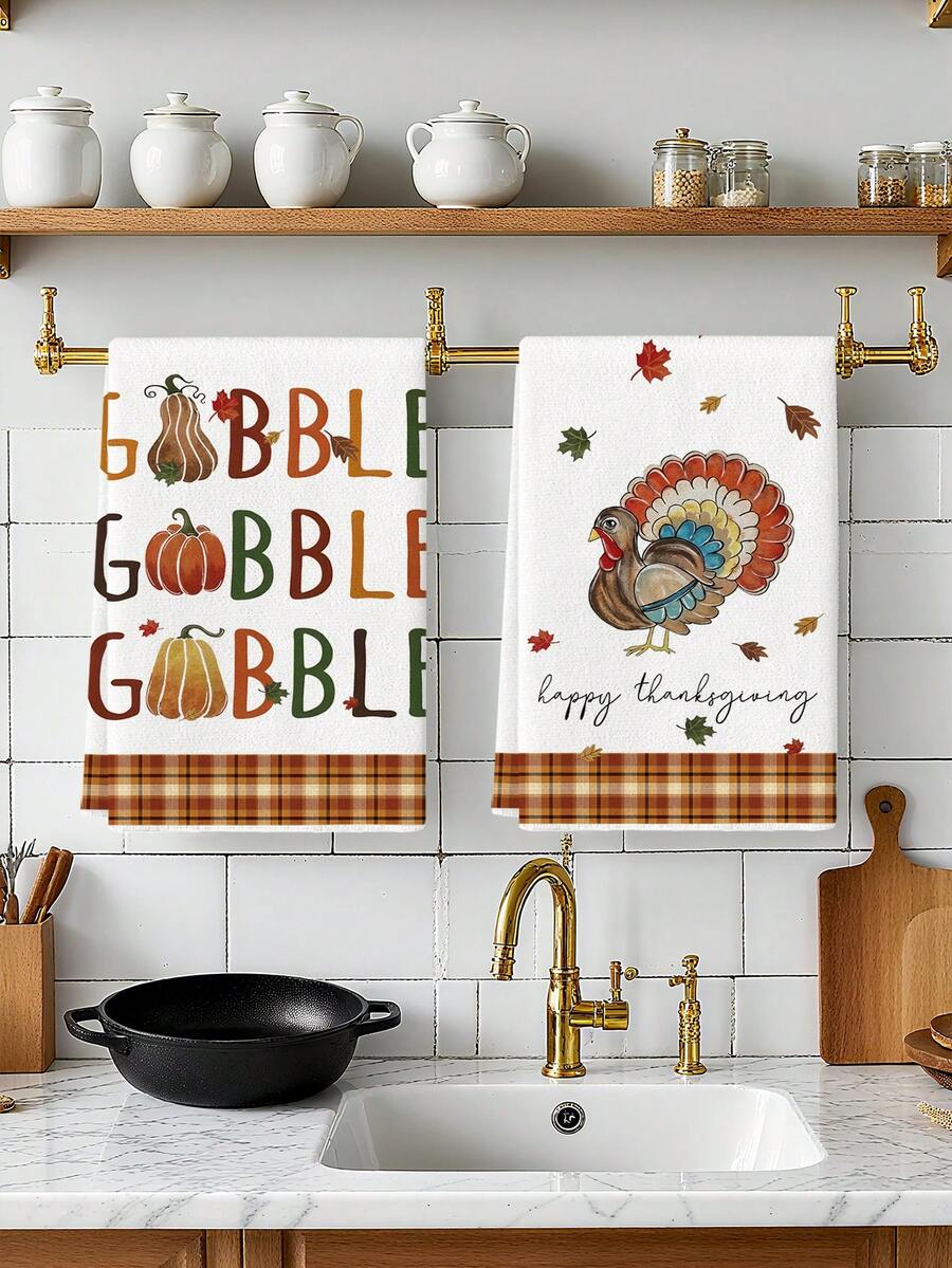 2件組感恩節火雞 Gobble 廚房抹布,秋季格紋南瓜楓葉裝飾餐巾,秋季農舍風茶巾套組 - 白色 - 查看 1