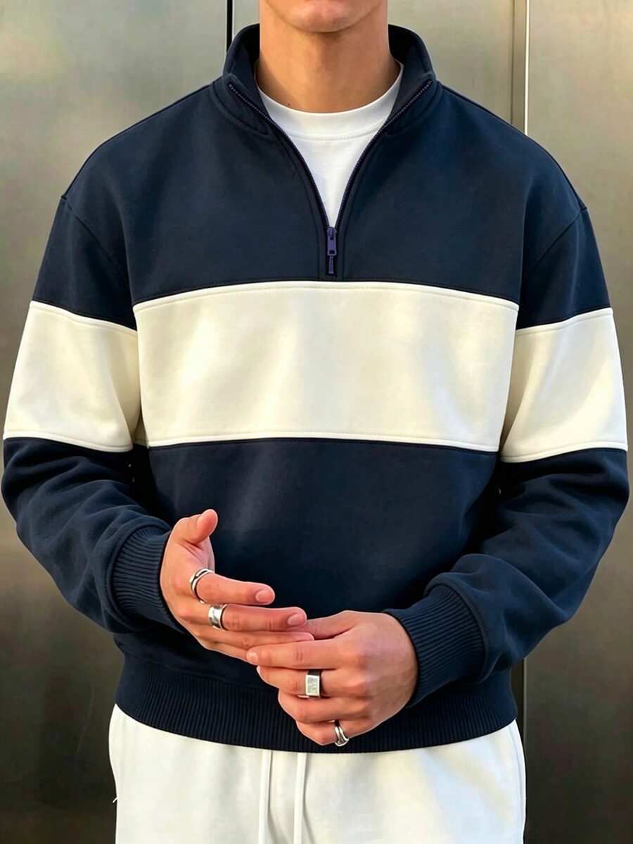 男士秋冬休閒時尚百搭拼色學院風舒適半拉鍊長袖運動衫 - 藏蓝色 - 查看 1
