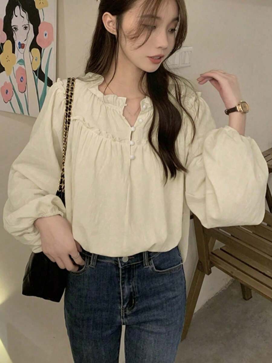 Square Neck Single-Breasted Lantern Sleeve Blouse Tops - Apricot - View 1
