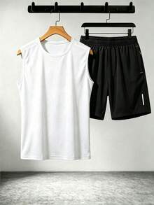 Men's Summer Casual Home Set, Light Gray Solid Color Reflective Strip Night Running Crew Neck Sleeveless Tank Top With Zipper Pocket Shorts 2-Piece Set, Fitness Casual Sports Outfit - White - View 11