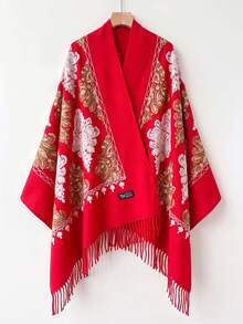 1pc Women's Autumn/Winter Faux Cashmere Embroidered Scarf, Thick Warm Tassel Shawl Cape, Bohemian Style Travel Wrap - Red - View 1