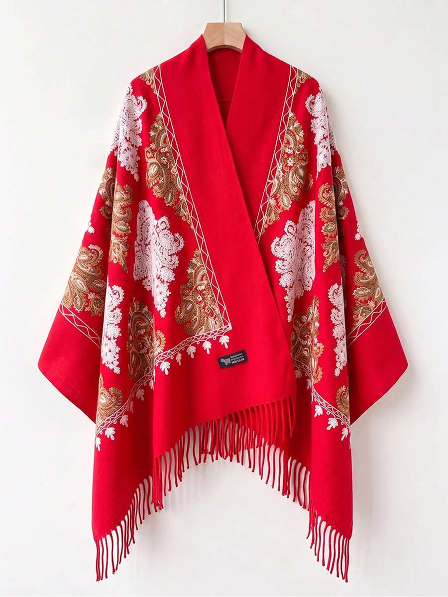 1pc Women's Autumn/Winter Faux Cashmere Embroidered Scarf, Thick Warm Tassel Shawl Cape, Bohemian Style Travel Wrap - Red - View 1