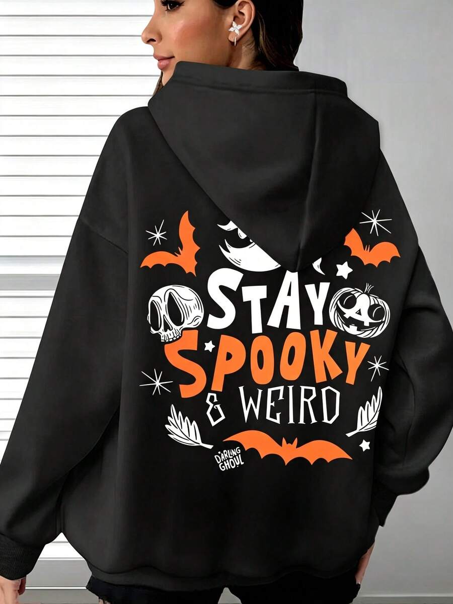 Fall/Winter Plus Size Women's Sweatshirt,Ghosts With A Halloween Theme,Skull And Pumpkin Print,Loose And Comfortable,Equipped With A Kangaroo Pocket,S - 黑色 - 查看 1