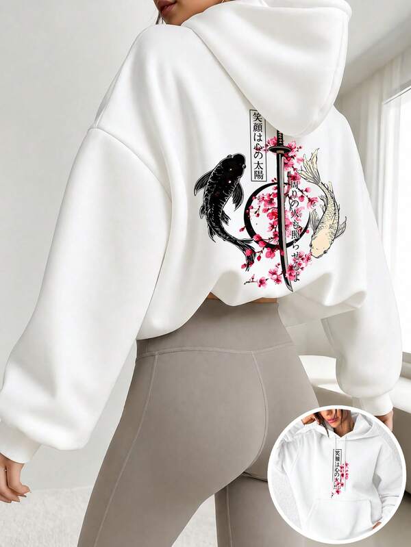 Suéter feminino folgado com capuz, estampa de carpas koi, flores de cerejeira e espadas, estilo casual urbano, ideal para uso diário, passeios e fins de semana.