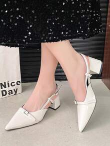 Pointed Toe Block Heel Slingback Pumps, Rhinestone Buckle Decor Slingback Shoes, Retro Street Style Dress Matching Daily Footwear - White - View 8