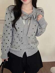 Korean Chic Niche Ribbon Polka Dot Button Loose Round Neck Cardigan Long Sleeve Sweater For Women - Grey - View 3