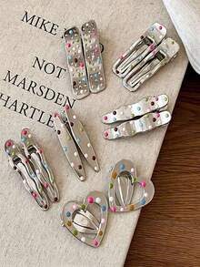 7pcs Colorful Silver Metal Hair Clips New Oil-Drip Korean Style Hair Accessories Cute Sweet Bangs Side Clips Suitable For Daily Wear - Multicolor - View 2