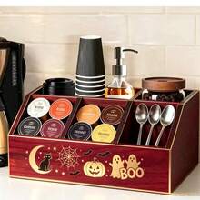 Halloween Wooden Coffee Station Organizer, Multi-Compartment Storage Box With Pumpkin, Ghost And Black Cat Patterns, Coffee Bar Storage Basket, Capsule Cup Spoon Holder, Home Coffee Bar Decor - Multicolor - View 2