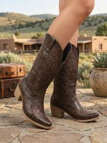 Brown Vintage Embroidered Women's Western Boots, V-Cut Pointed Toe Slimming Chunky Heel Outdoor Boots - Brown - View 5