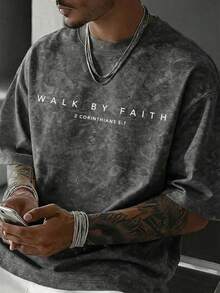 Men's Minimalist Letter Print Crew Neck Short Sleeve T-Shirt, Comfortable And Breathable For Summer Wear - Grey - View 1