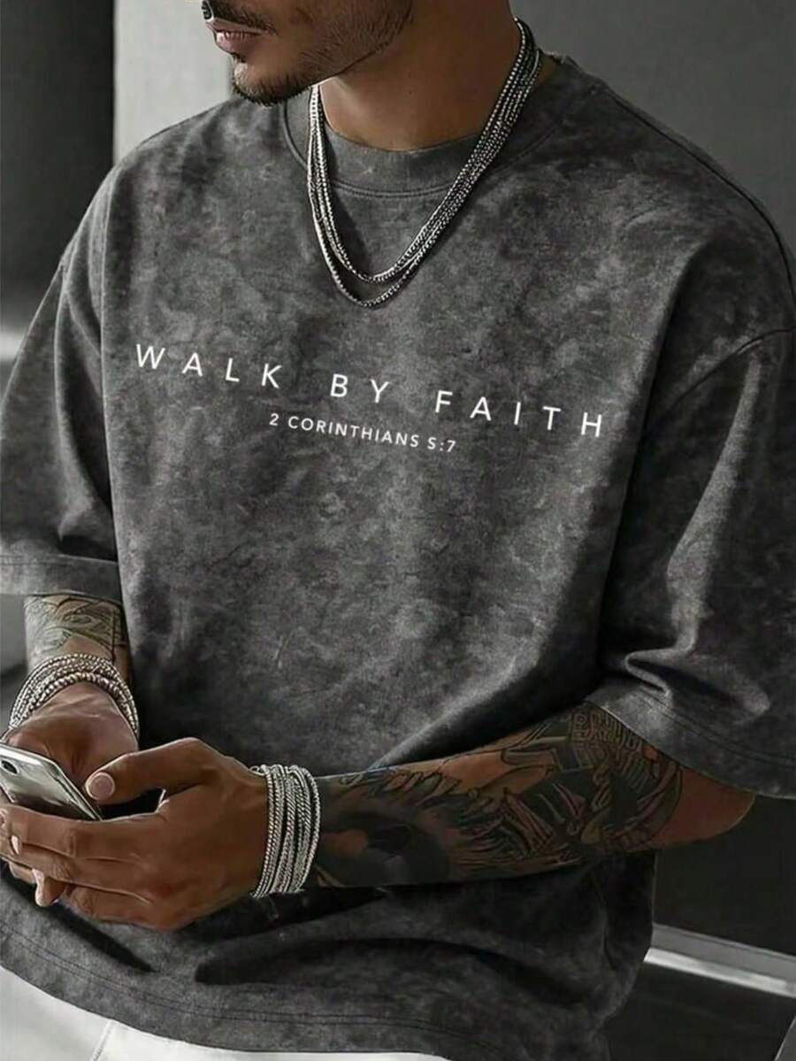 Men's Minimalist Letter Print Crew Neck Short Sleeve T-Shirt, Comfortable And Breathable For Summer Wear - Grey - View 1