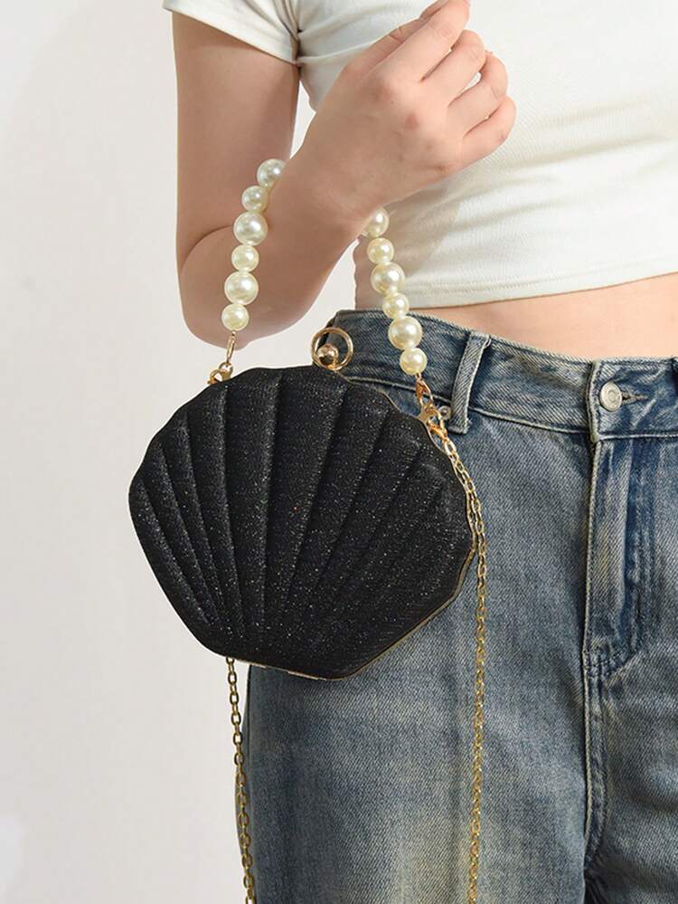 Mermaid Sequin Shell Evening Clutch, Scallop Hard Frame Bag, Pearl Handle Detachable Chain, Women's Shiny Handbag, Suitable For Banquets And Party Events - Black - View 2