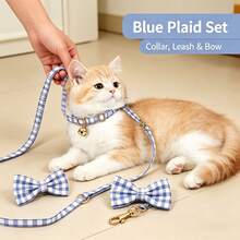 3pcs Cute Plaid Cat Collar Set With Bell, Adjustable Soft Neck Strap, Fashion Pet Accessory For Daily Walking - Multicolor - View 3